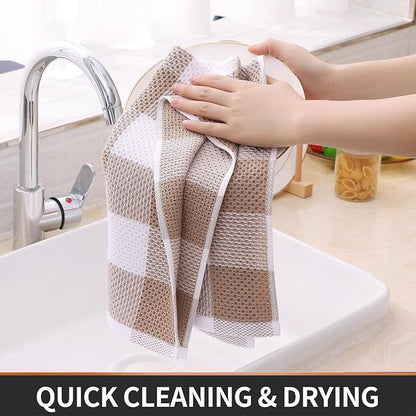 Homaxy Kitchen Towels and Dishcloths Set, 12 x 12 and 13 x 28 Inches, Set of 12 100% Cotton Waffle Weave Check Plaid Kitchen Dish Towels, Super Soft and Absorbent Dish Cloths, White & Khaki