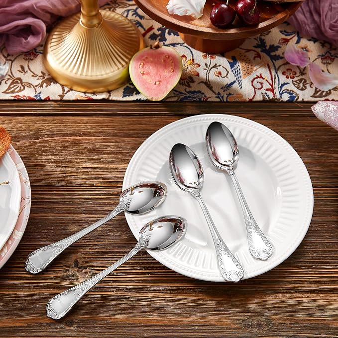 KEAWELL Premium Regalia 4-Piece Spoon Set 6.6-Inch – Ornate 18/10 Stainless Steel Silverware with European Luxury Handles, Dishwasher Safe for Elegant Dining (Silver, Teaspoons)