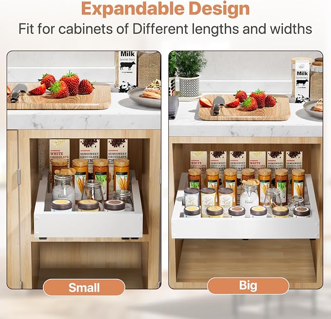 2 Pack Pull out Cabinet Organizer, Width (10"-16") Depth (17"-25"), with 3 Rails Adjustable Slide, Expandable Pullout Drawers for Cabinets, No Drill Adhesive Kitchen Drawers for Pantry Shelves