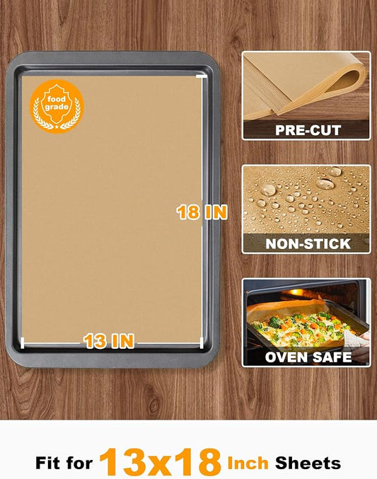 SMARTAKE 200 Pcs Parchment Paper Baking Sheets, 13x18 Inches Non-Stick Precut Baking Parchment, for Baking Grilling Steaming Bread Cup Cake Cookie and More (Unbleached)