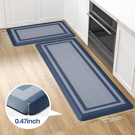 KitchenClouds [2 PCS Kitchen Rugs Cushioned Anti-Fatigue Kitchen Mats for Floor Waterproof Kitchen Rug Set Non-Slip Comfort Standing Mat for Office, Sink, Laundry 17.3"×29"+17.3"×47",Blue