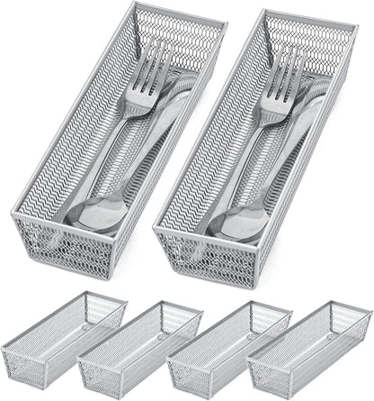Neudeco Silverware Organizer, Silver, 9 * 3 * 2 inch, Pack 6 | Mesh Drawer Organizer, Metal Utensil Organizer, For Flatware, Knives, Spoons, Cosmetic