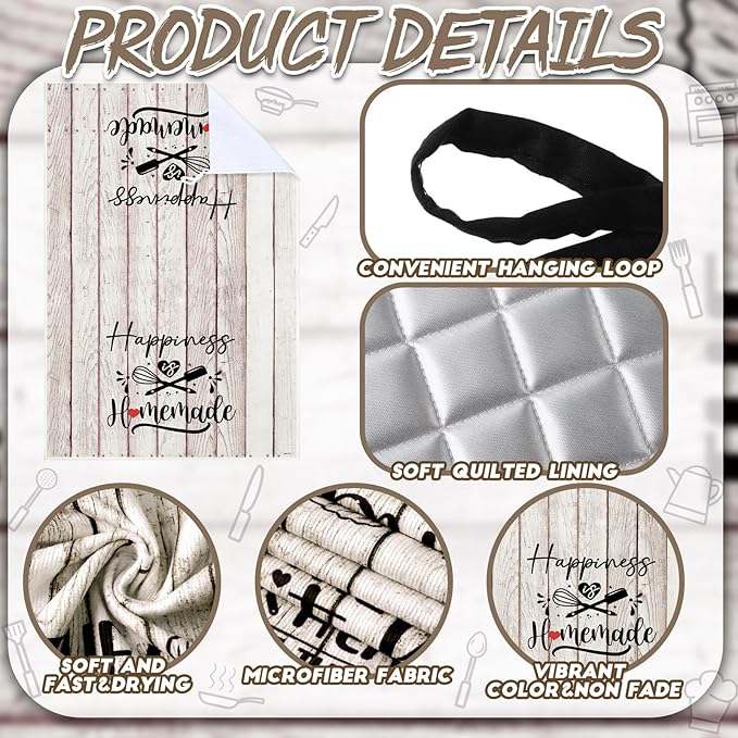 Sratte 6 Pcs Kitchen Decor Accessories Set Farmhouse Towels Pot Holders Oven Mitts Set 2 Dish Towels 2 Potholders 2 Cooking Mittens Oven Glove for Christmas Baking Cooking(White Wood Grain)