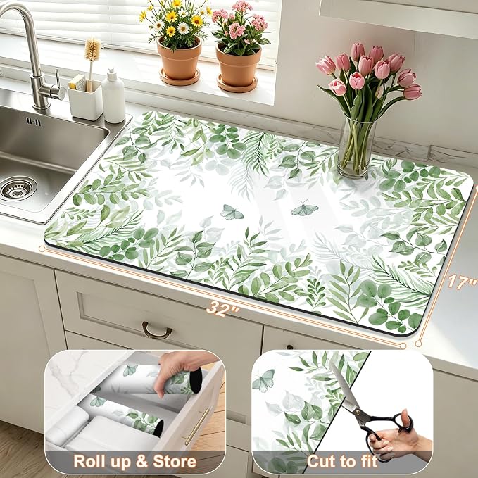 LOKHOM Dish Drying Mat for Kitchen Counter, 17"x32" Absorbent Mat with Green Plant & Butterfly Pattern, Drain Rack Mat for Counter Coffee Maker, Dining Room Decor