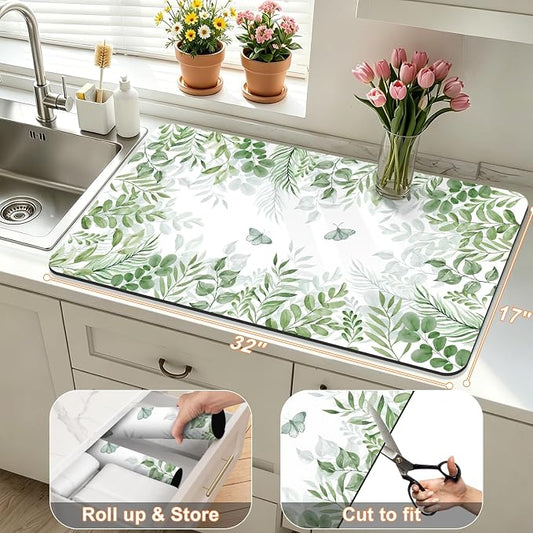 LOKHOM Dish Drying Mat for Kitchen Counter, 17"x32" Absorbent Mat with Green Plant & Butterfly Pattern, Drain Rack Mat for Counter Coffee Maker, Dining Room Decor