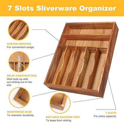 Kitchen Acacia Silverware Organizer - Extra Deep Grooved Drawer Divider, 7 Slot Utensil Organizer