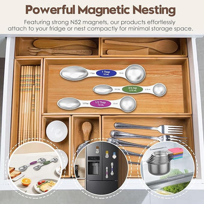 Magnetic Measuring Cups and Spoons Set – 304 Stainless Steel | Dual-sided Design | 15-Piece with Leveler | N52 Space-Saving Magnetic Nesting | Baking & Meal Prep | Kitchen Gift (Colorful)