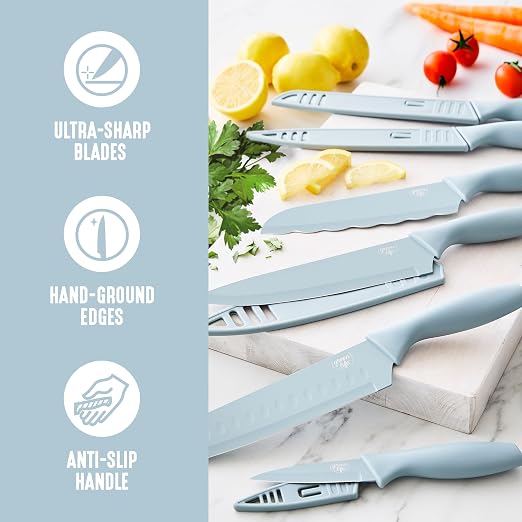 GreenLife 6 Piece Kitchen Knife Set, Rust-Resistant Nonstick Coating, High Carbon Stainless Steel Knives, Blade Guards, Razor Sharp, Ergonomic Handle, Chef, Santoku, Paring, Blue Haze