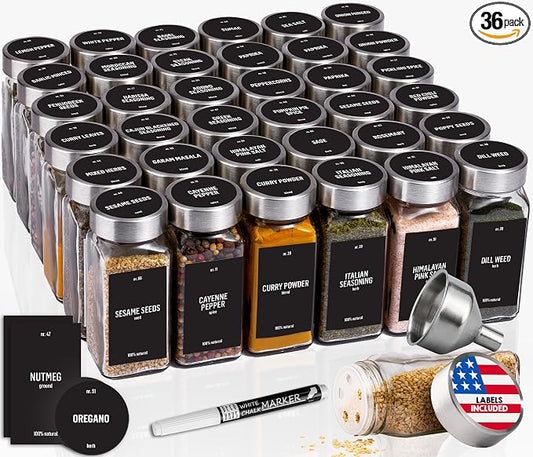 Deco haus Glass Spice Jars with Stainless Steel Lids 36 x 4oz [LABELS incl] Spice Containers with 280 Labels, Funnel & Chalk Marker - Empty Herb Seasoning Containers, Small Seasoning Bottles for Herb