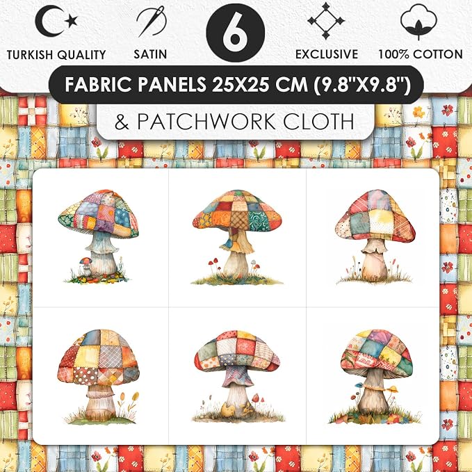 Patchwork Mushroom Cotton Fabric Panel – 6 Designs (10×10 inch Each) + Bonus Sheet 29.5×19.6 inch, 100% Cotton 140 GSM, Made in Türkiye