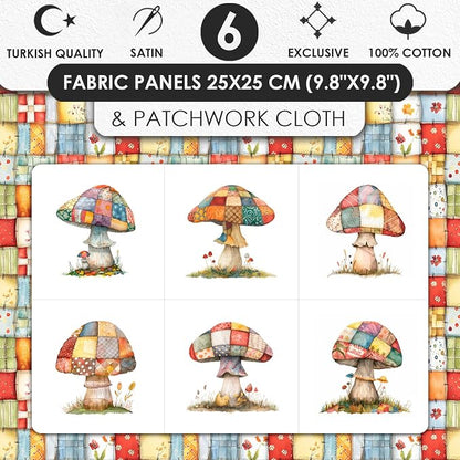 Patchwork Mushroom Cotton Fabric Panel – 6 Designs (10×10 inch Each) + Bonus Sheet 29.5×19.6 inch, 100% Cotton 140 GSM, Made in Türkiye