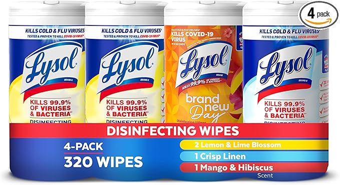 LYSOL Disinfecting Wipes, All Purpose Cleaner, Multi-Surface Antibacterial Cleaning Wipes, Household Cleaning Supplies, Dorm Essentials, Lemon + Mango & Hibiscus + Crisp Linen Scent, 80 ct. (4 Pack)