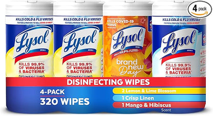 LYSOL Disinfecting Wipes, All Purpose Cleaner, Multi-Surface Antibacterial Cleaning Wipes, Household Cleaning Supplies, Dorm Essentials, Lemon + Mango & Hibiscus + Crisp Linen Scent, 80 ct. (4 Pack)