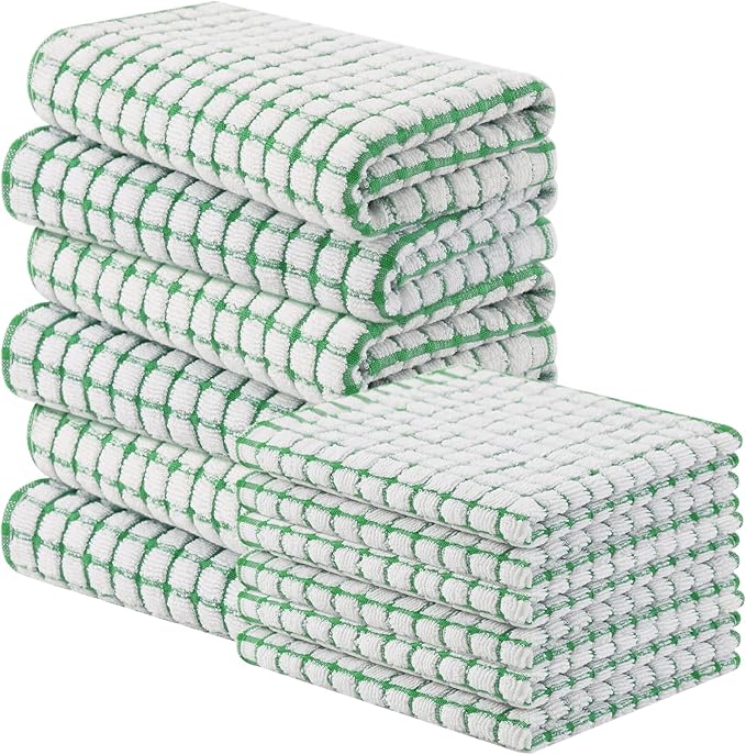 Homaxy Kitchen Towels and Dishcloths Set, 16 x 25 and 12 x 12 Inches, Set of 12 Cotton Terry Kitchen Dish Towels, Super Soft and Absorbent Dish Cloths, Green