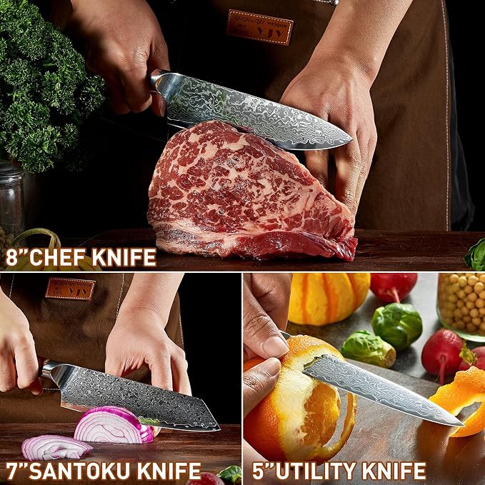 Damascus Kitchen Knife Set 3 PCS, Ultra Sharp Chef Knife Set With Japan VG-10 Steel Core, Professional High Carbon Steel Japanese Knife Sets for Cooking With Ergonomic Wooden Handle & GIFT BOX
