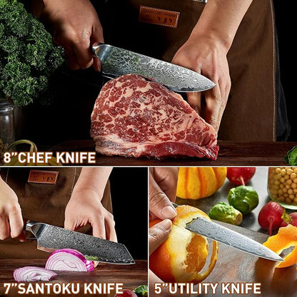 Damascus Kitchen Knife Set 3 PCS, Ultra Sharp Chef Knife Set With Japan VG-10 Steel Core, Professional High Carbon Steel Japanese Knife Sets for Cooking With Ergonomic Wooden Handle & GIFT BOX