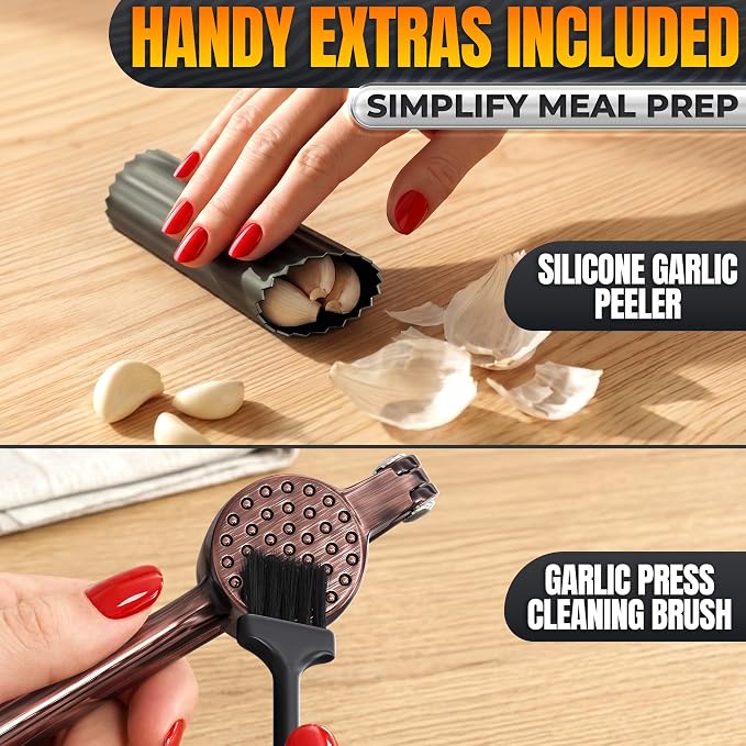 Stainless Steel Garlic Press Set with Silicone Garlic Peeler and Cleaning Brush - Ginger Mincer with 37 Built-In Studs, Rust-Resistant, Ergonomic Handle, No Peel Needed, Dishwasher Safe, Copper Color