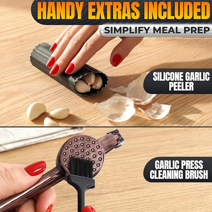 Stainless Steel Garlic Press Set with Silicone Garlic Peeler and Cleaning Brush - Ginger Mincer with 37 Built-In Studs, Rust-Resistant, Ergonomic Handle, No Peel Needed, Dishwasher Safe, Copper Color