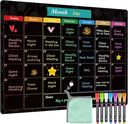 MaxGear Monthly Black Magnetic Calendar for Refrigerator, 16" X 12" Fridge Chalkboard, Magnetic Dry Erase Calendar White Board Planning Board for Fridge with 7 Fine Point Markers,1 Cloth