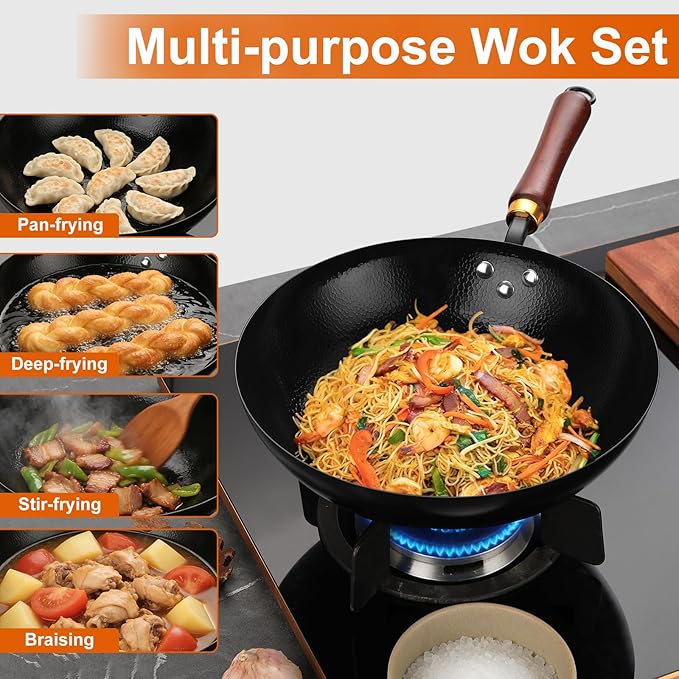 Carbon Steel Wok Pan, 11.8-Inch Nonstick Pre-Seasoned Woks & Stir-Fry Pans with Glass Lid, No Chemical Coated Wok Round Bottom Hand Hammered Chinese Wok for Induction, Gas, Electric & All Stoves