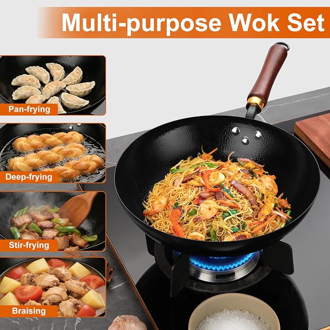 Carbon Steel Wok Pan, 12.6-Inch Nonstick Pre-Seasoned Woks & Stir-Fry Pans with Glass Lid, No Chemical Coated Wok Round Bottom Hand Hammered Chinese Wok for Induction, Gas, Electric & All Stoves