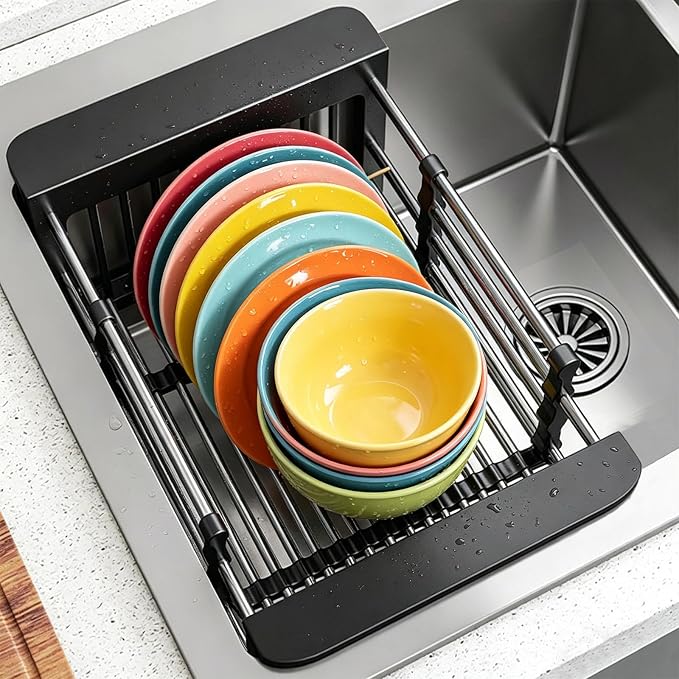 Dish Drying Rack, Adjustable Stainless Steel Drainer Basket Drain Tray for Dishes, Vegetables, and Fruit, On or in Sink Kitchen Basket Dish Drying Rack (Black)