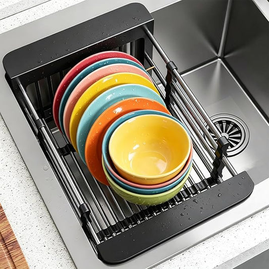 Dish Drying Rack, Adjustable Stainless Steel Drainer Basket Drain Tray for Dishes, Vegetables, and Fruit, On or in Sink Kitchen Basket Dish Drying Rack (Black)