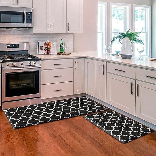 KMAT Kitchen Mat [2 PCS] 0.47inch Cushioned Anti-Fatigue Kitchen Rug, Waterproof Non-Skid Kitchen Mats and Rugs Heavy Duty PVC Ergonomic Comfort Standing Mat for Kitchen, Floor Home, Sink, Black