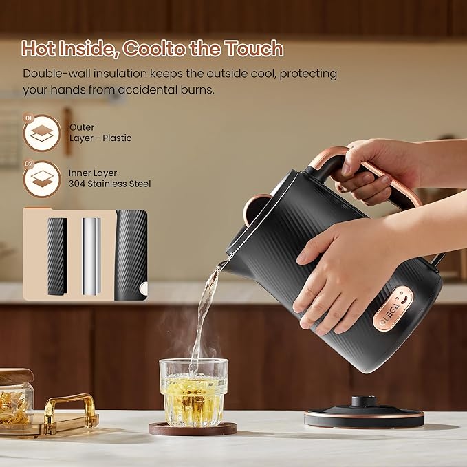 OLEGA Electric Kettle: 1200W Fast Boil Electric Water Kettles, 1.5L Double Wall Stainless Steel Tea Kettle, Auto Shut-Off, BPA-Free Hot Water Boiler Teapot for Coffee & Tea -Black