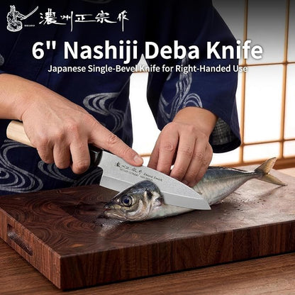 6 Inch Deba Knife, Made in Japan, Right-Handed Single Bevel Fish Butcher Knife, High Carbon Stainless Steel with Nashiji Finish, Magnolia Wood Handle for Fish Filleting