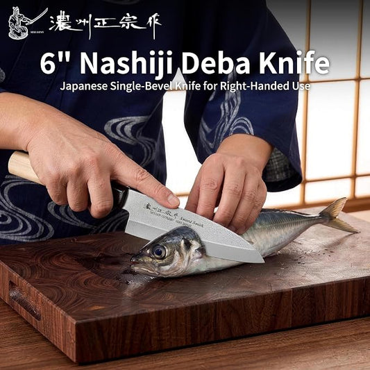 6 Inch Deba Knife, Made in Japan, Right-Handed Single Bevel Fish Butcher Knife, High Carbon Stainless Steel with Nashiji Finish, Magnolia Wood Handle for Fish Filleting