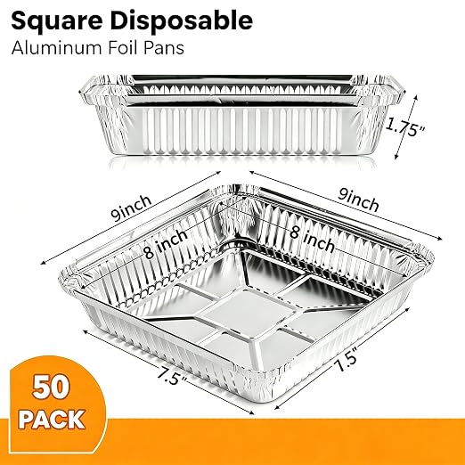 Aluminum Pans 8x8 inch-50 Pack Disposable Foil Pans, Square Aluminum Baking Cake Pans,Roasting Trays Disposable Food Containers Great for for Baking, Cooking, Heating, Storing, Prepping Food