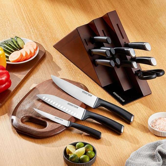 KINGSTONE 14-Piece Kitchen Knife Set with Block, High-Carbon Stainless Steel Knives Set, Ergonomic Non-Slip Handle, Professional Knife Set for Kitchen for Home Cooking & Gifting, Walnut