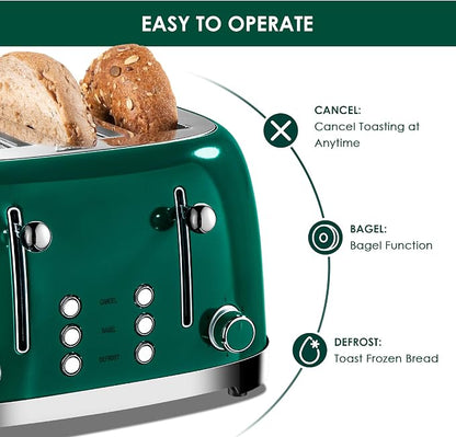 Roter Mond 4 Slice Toaster Retro Stainless Steel with Bagel Defrost Cancel Function, 6 Browning Settings, Extre Wide Slot and Removable Crumb Tray, Green, ST033
