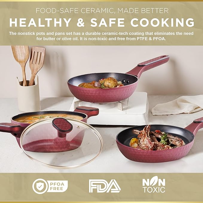 Moss & Stone 4 Piece Nonstick Cookware Set, Small Pots And Pans Set Non stick With Glass Lid, Induction Cookware, Stay Cool Handle, PTFE/PFOA, Kitchen Cookware 4-Piece with Frying Pans Set & Saucepan