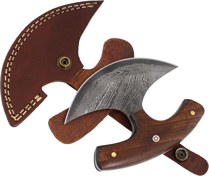 Custom Damascus Steel Ulu Knife Traditional Alaskan Damascus Ulu Knife with sheath Multi-Purpose Pizza Cutter, Vegetable Chopping, Boning Slicing Cutting Walnut Handle Leather Sheath
