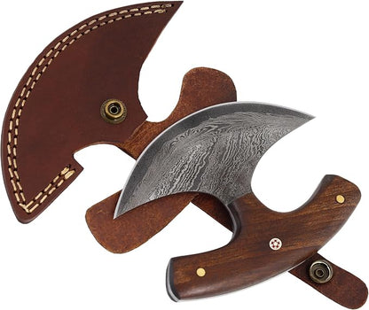 Custom Damascus Steel Ulu Knife Traditional Alaskan Damascus Ulu Knife with sheath Multi-Purpose Pizza Cutter, Vegetable Chopping, Boning Slicing Cutting Walnut Handle Leather Sheath