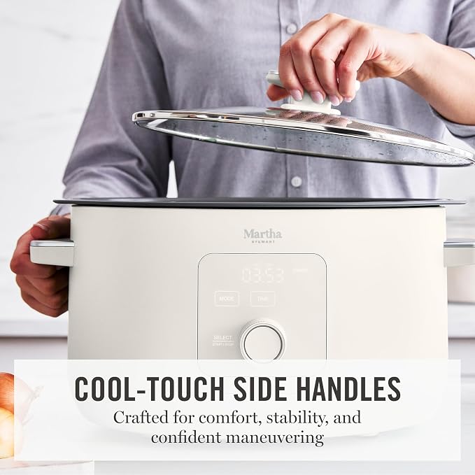 Martha Stewart 8 QT Slow Cooker, Programmable with Timer, 3 Heat Settings (Low, High, Warm), Nonstick Ceramic Removable Crock, Stovetop & Oven Safe, Glass Lid, Simmer, Reheat, Warm, Linen