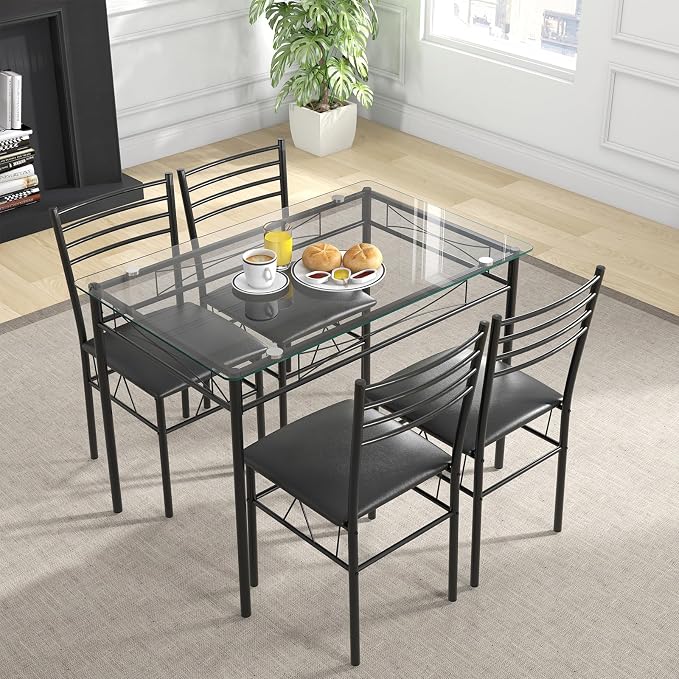Giantex 5 Piece Dining Table Set, Kitchen Dining Set with Tempered Glass Table Top and 4 Upholstered Chairs, Dinette Set for 4 for Breakfast Nook Dining Room Kitchen (Black)