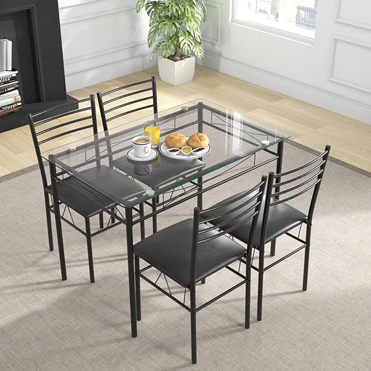 Giantex 5 Piece Dining Table Set, Kitchen Dining Set with Tempered Glass Table Top and 4 Upholstered Chairs, Dinette Set for 4 for Breakfast Nook Dining Room Kitchen (Black)