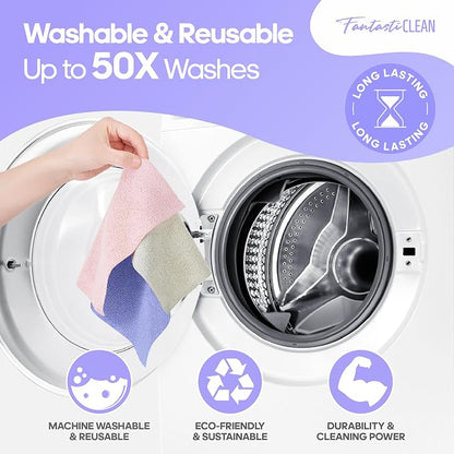 Fantasticlean Microfiber Cleaning Cloth Roll -60 Pack, Tear Away Paperless Towels, 8" x 8", Reusable Washable Rags, for House Kitchen, Pet, Office, Indoor Outdoor, Compact and Portable (Light-Purple)