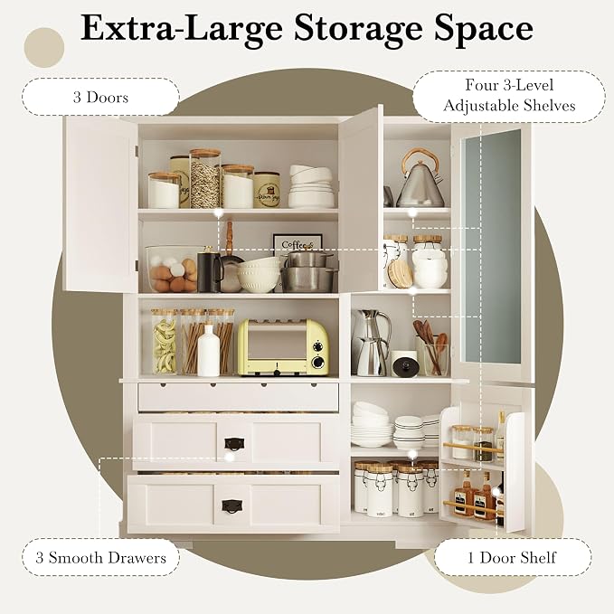 VilroCaz 78'' Tall Freestanding Kitchen Pantry with Hutch, Wooden Large Kitchen Storage Cabinet Cupboard with Drawers, Door Shelf and Adjustable Shelves for Dining Room Entryway (White-11.10)