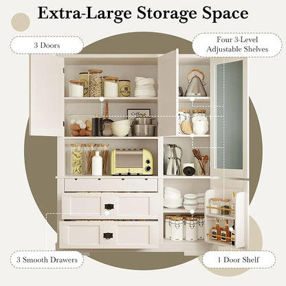 VilroCaz 78'' Tall Freestanding Kitchen Pantry with Hutch, Wooden Large Kitchen Storage Cabinet Cupboard with Drawers, Door Shelf and Adjustable Shelves for Dining Room Entryway (White-11.10)
