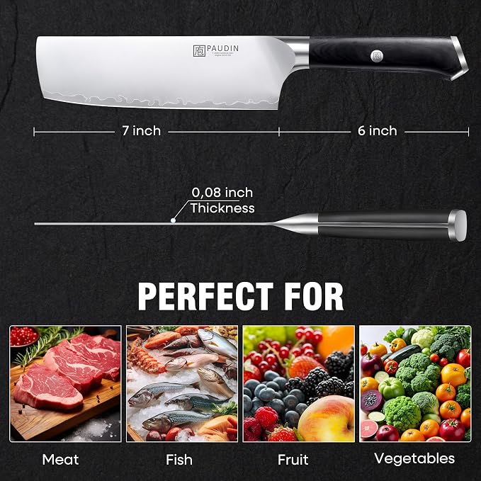 PAUDIN Nakiri Knife 7 Inch,Damascus High Carbon Steel Kitchen Knife 62 HRC, Ultra Sharp Vegetable Chopping Cleaver and Meat Slicing Asian Chef Knife for Home Cooks, Gift Box Included for Women and Men