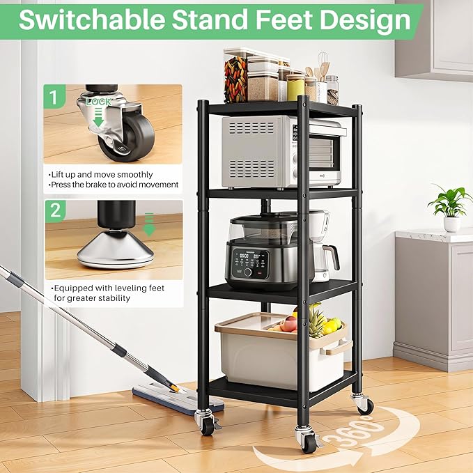 PXRACK Storage Shelves with Rolling Wheels, Adjustable 4 Tier Metal Shelving Unit for Storage Heavy Duty, Small Storage Rack Shelf for Corner of The Kitchen Bathroom Living Room Garage Office, Black