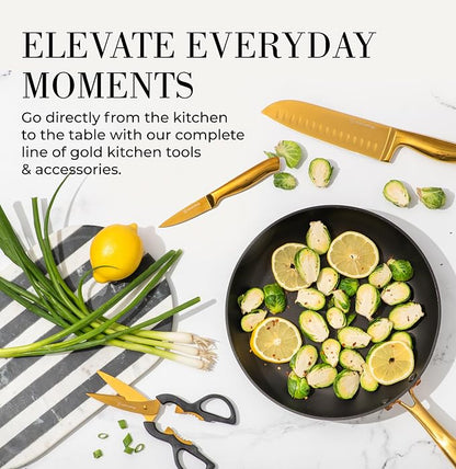 Styled Settings Gold Knife Set with Block & Built-In Sharpener – 14-Piece Full Tang Kitchen Knives Set – Gold Knives Set with Self-Sharpening Block, Titanium Knife Set with Black Block