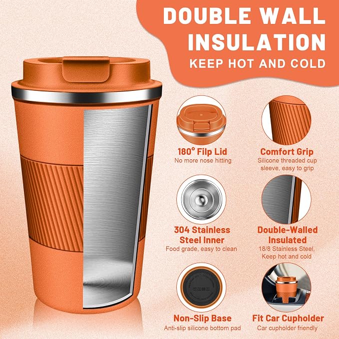 DUBUXW Insulated Coffee Tumblers with Flip Lid 12oz / 17oz, Stainless Steel Travel Coffee Mug Leak Proof, Vacuum Insulated Coffee Mug Reusable Cup, Keeps Cold and Hot for Coffee Tea