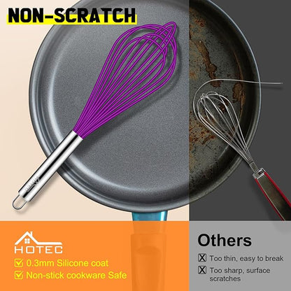 HOTEC 4 Pieces Silicone Whisks Set, Wire Balloon Whisks for cooking Egg Beater, Non-slip Handle Whisk for Non-stick Cookware Perfect for Cooking, Stirring, Beating and Blending,Purple