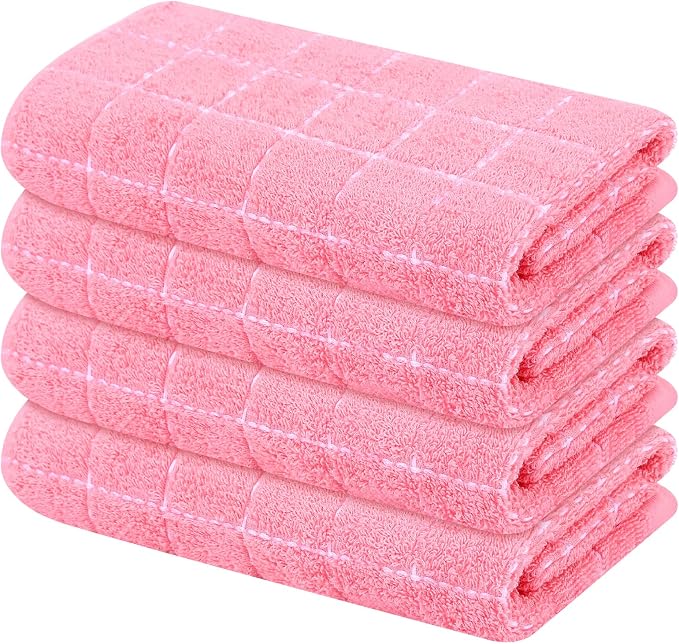 Mordimy 100% Cotton Terry Cloth Kitchen Towels, Super Soft and Absorbent Dish Towels for Drying, Checkered Designed Hand Towels for Kitchen, 16 x 26 Inches, 4 Pack, Pink