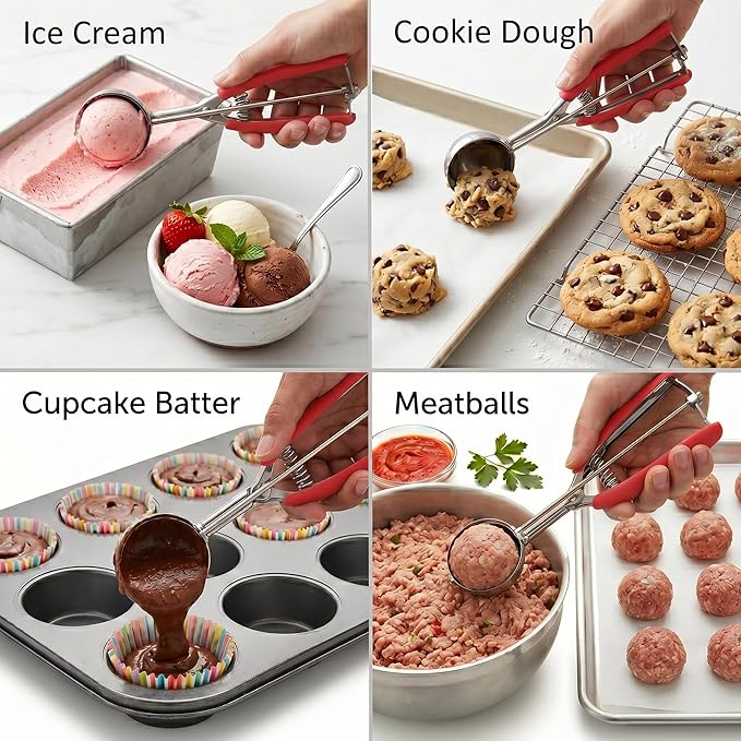 Ice Cream Scoop, 18/8 Stainless Steel Cookie Scoop, Cookie Scoops for Baking, 2Tbsp/ 30ml/ 1oz Cookie Dough Scoop, Ice Cream Scooper with Trigger Release, Cookie Scooper for Baking(Red)…